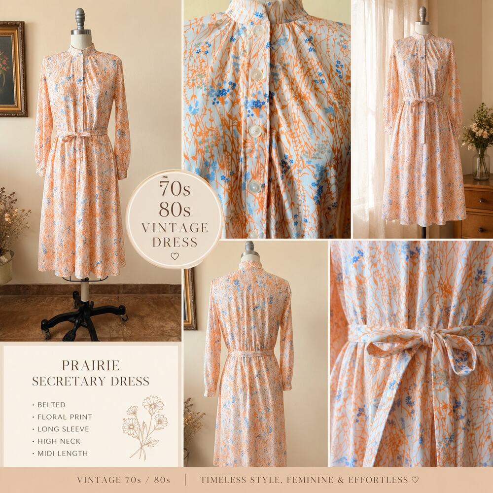 VTG 70s 80s Prairie Secretary Dress Belted Floral Midi Boho M/L - Picture 2 of 7